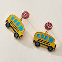 Enamel School Bus Drop Earrings with Stop Sign Stud