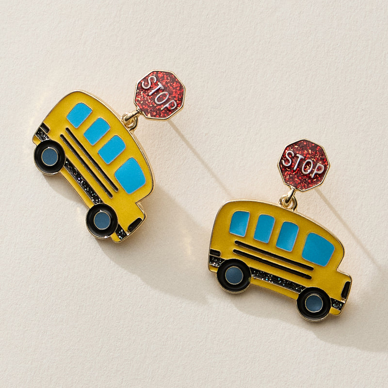 Enamel School Bus Drop Earrings with Stop Sign Stud