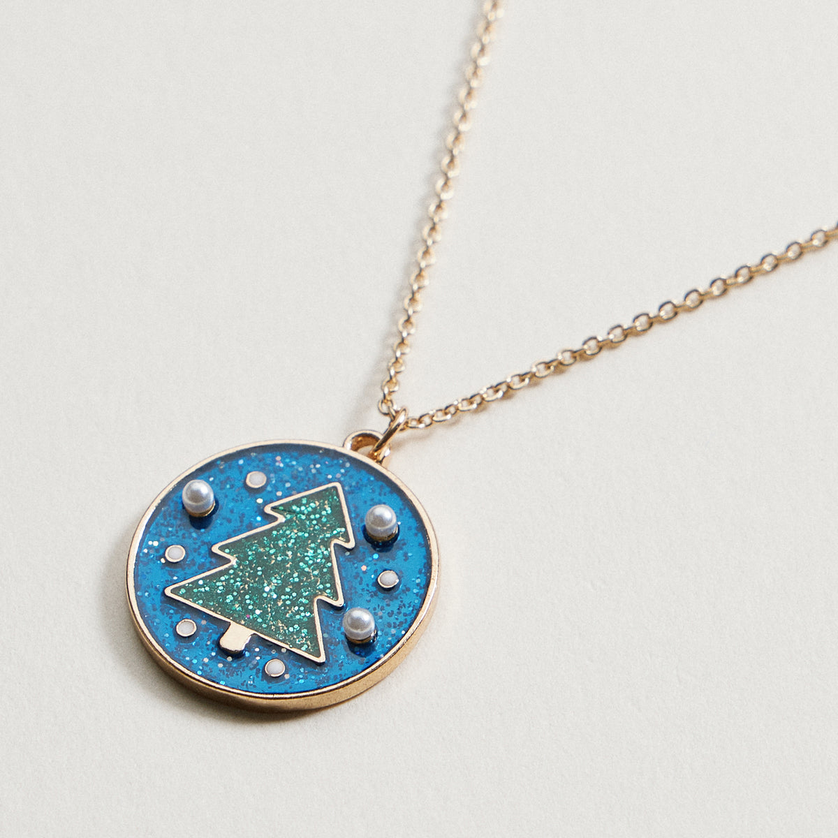 Christmas Tree Pendant Necklace | Glitter Enamel Pearl Necklace