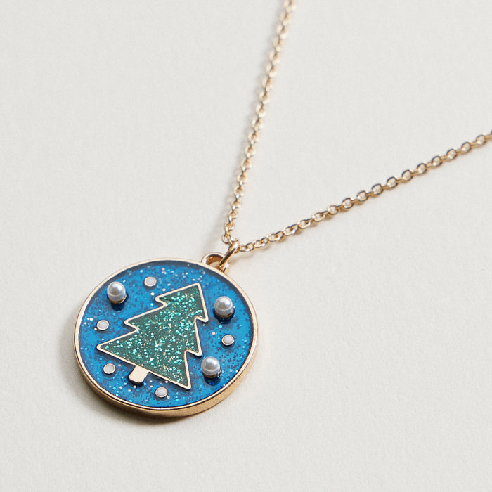Christmas Tree Pendant Necklace | Glitter Enamel Pearl Necklace