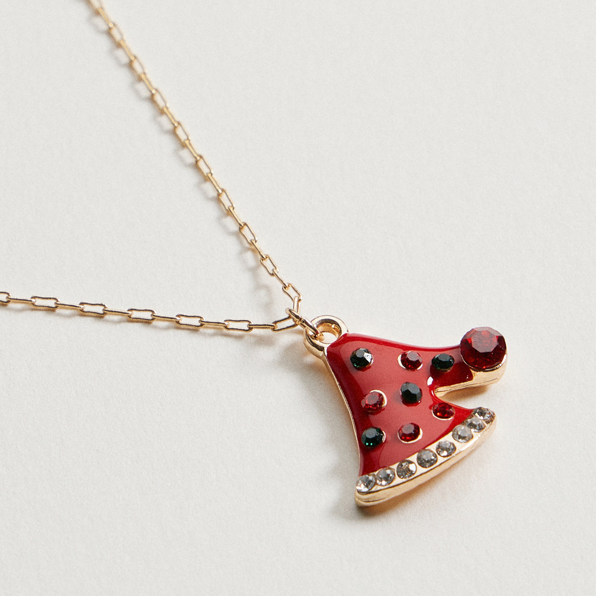 Red Christmas Tree Crystal Pendant Necklace | Gold Dipped Holiday Necklace