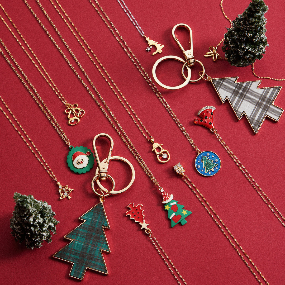 Red Christmas Tree Crystal Pendant Necklace | Gold Dipped Holiday Necklace