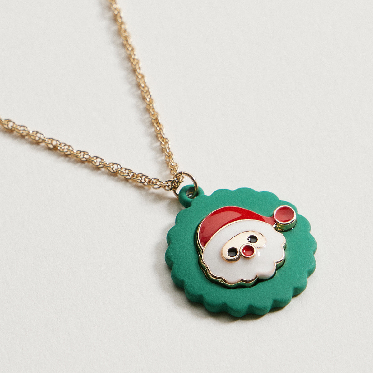 Santa Claus Wreath Necklace Gold Dipped Christmas Holiday Pendant Necklace