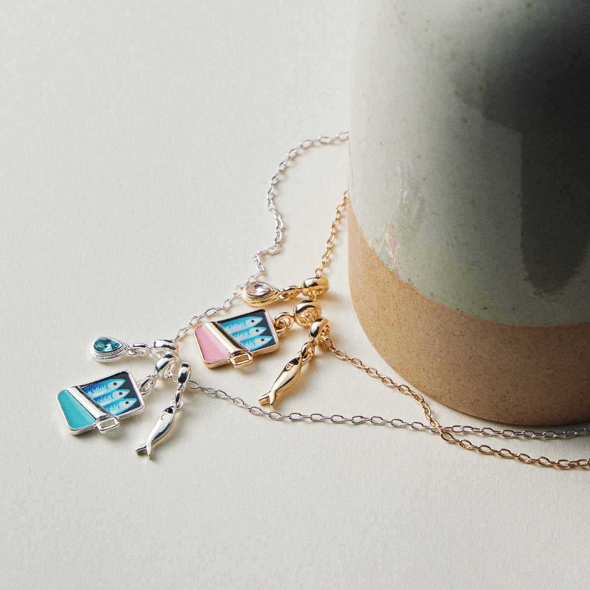 Gold Plated Fish Sardine Can Coastal Charm Necklace