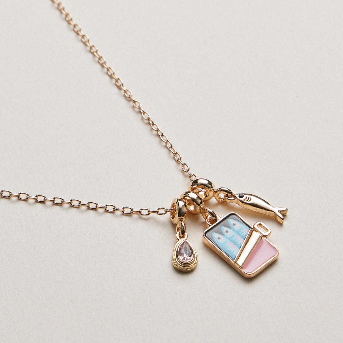 Gold Plated Fish Sardine Can Coastal Charm Necklace