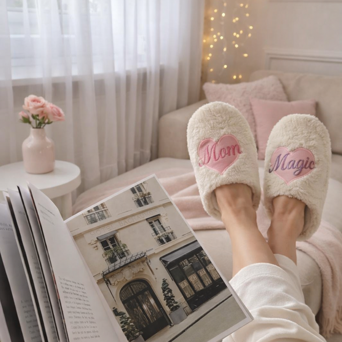 Fuzzy Slippers with Mom Magic Heart Embroidery