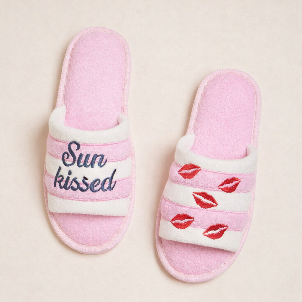 Sun Kissed Embroidered Cozy Pink Slide Slippers