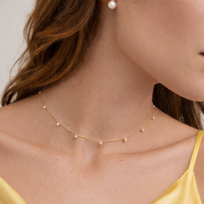 Golden Dew Pearl Dangle Necklace with fresh water pearls