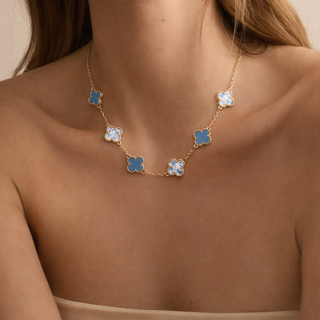 Blue Porcelain Clover Station Necklace