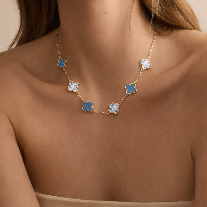 Blue Porcelain Clover Station Necklace