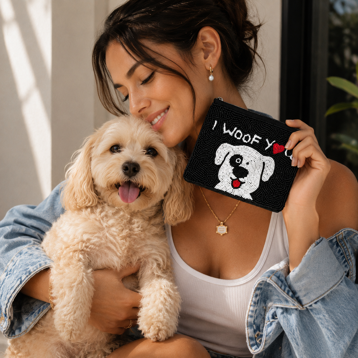 I Woof You Seed Bead Canvas Pouch | Dog Mom Accessory