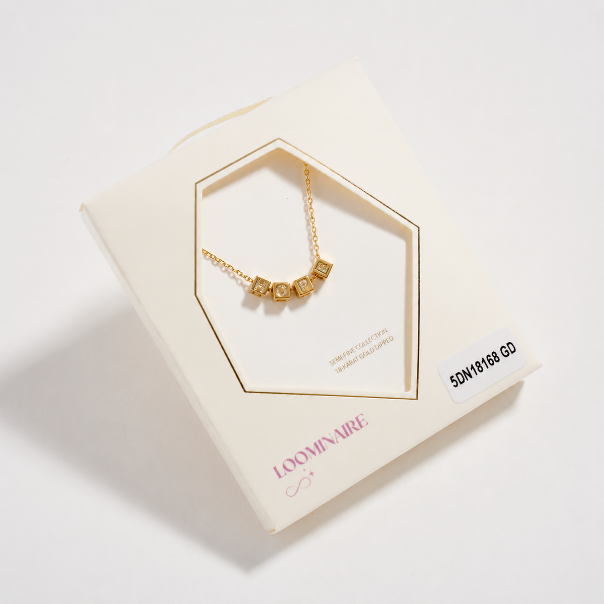 “Hope” Cube Letter Necklace – 18K Gold Dipped Minimalist Necklace