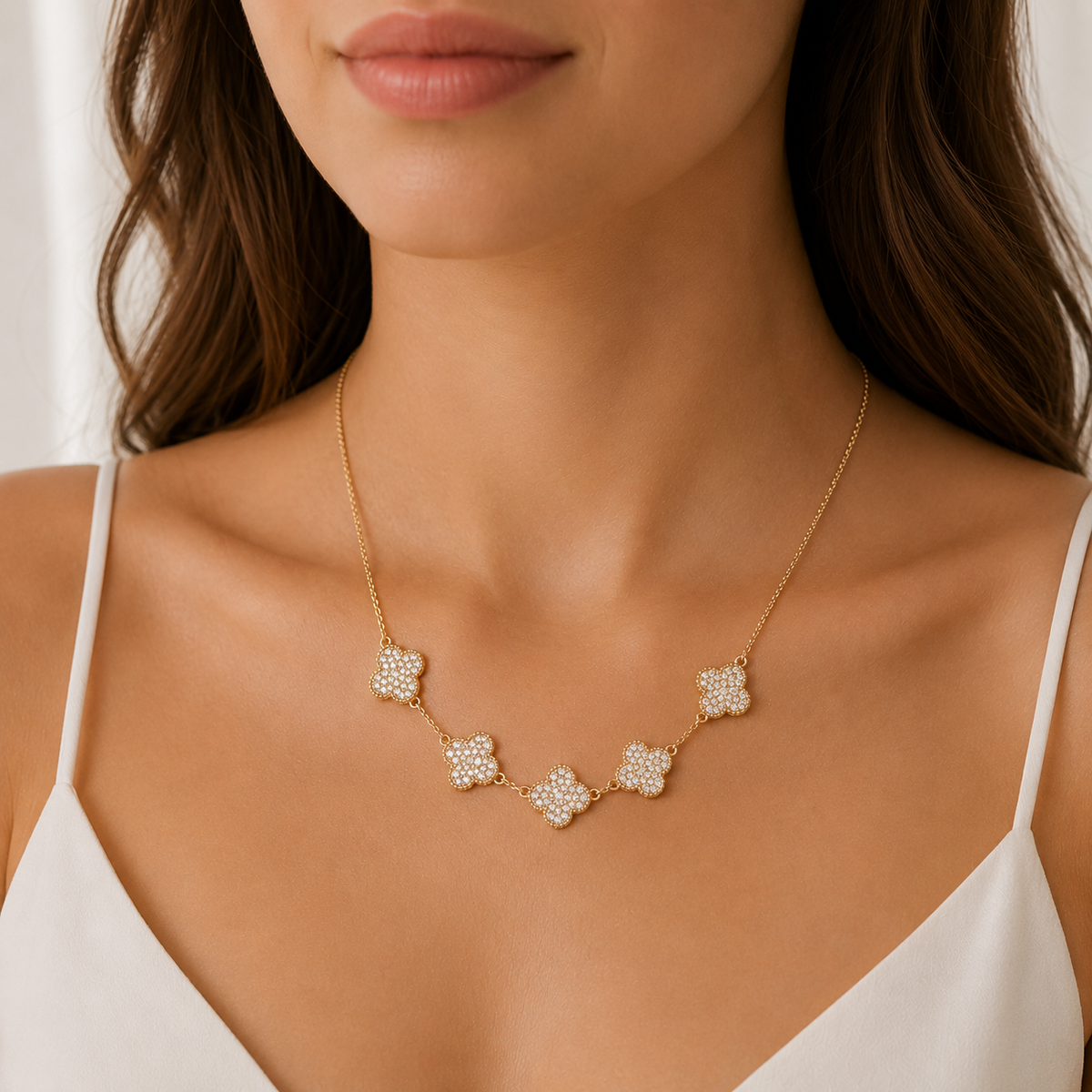 CZ Clover Station Necklace | Dainty Layering Jewelry