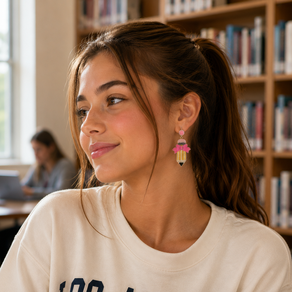 Beaded Pencil Bow Statement Earrings | Back To School Jewelry
