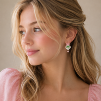 Enamel Green Monster Pink Heart Pearl Drop Earrings