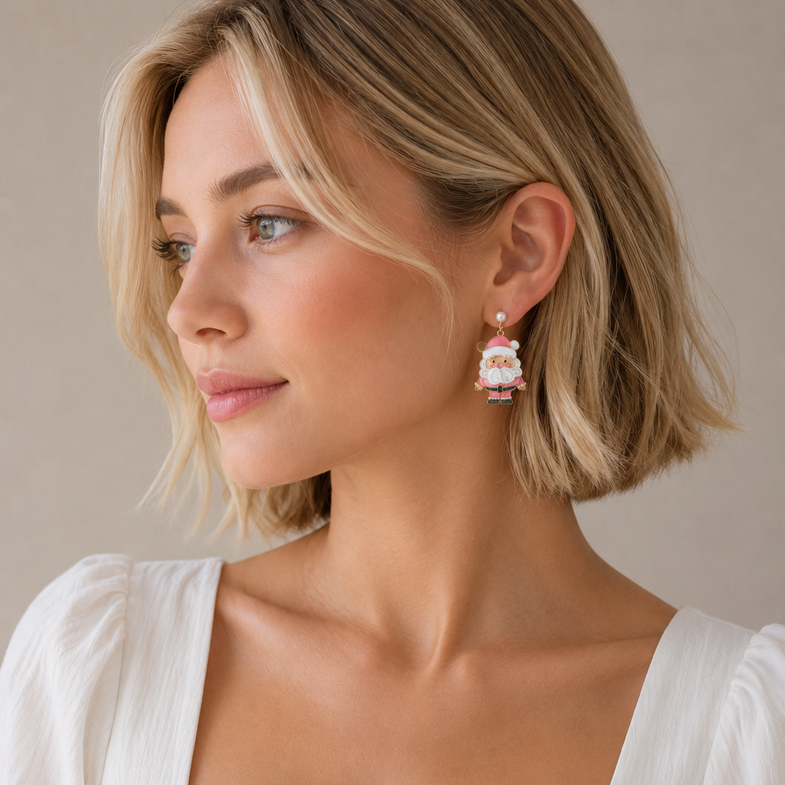 Enamel Pink Santa Claus | Christmas Drop Earrings