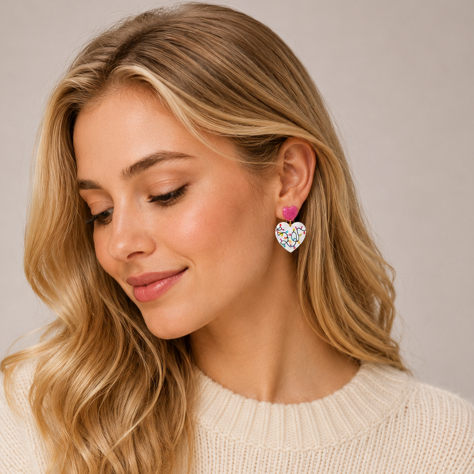 Heart Christmas Lights Dangle Earrings | Glitter Acetate Earrings