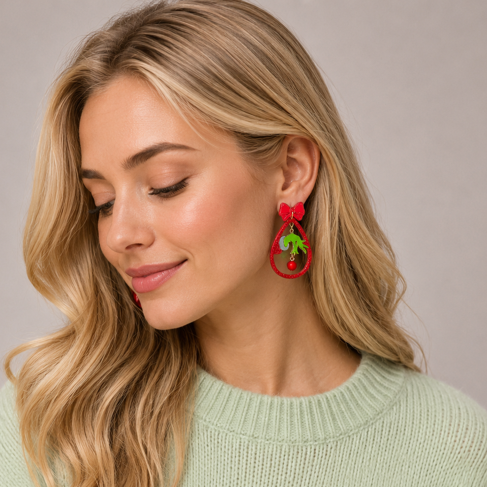 Green Monster Hand Dangle Earrings | Christmas Bow Acetate Earrings
