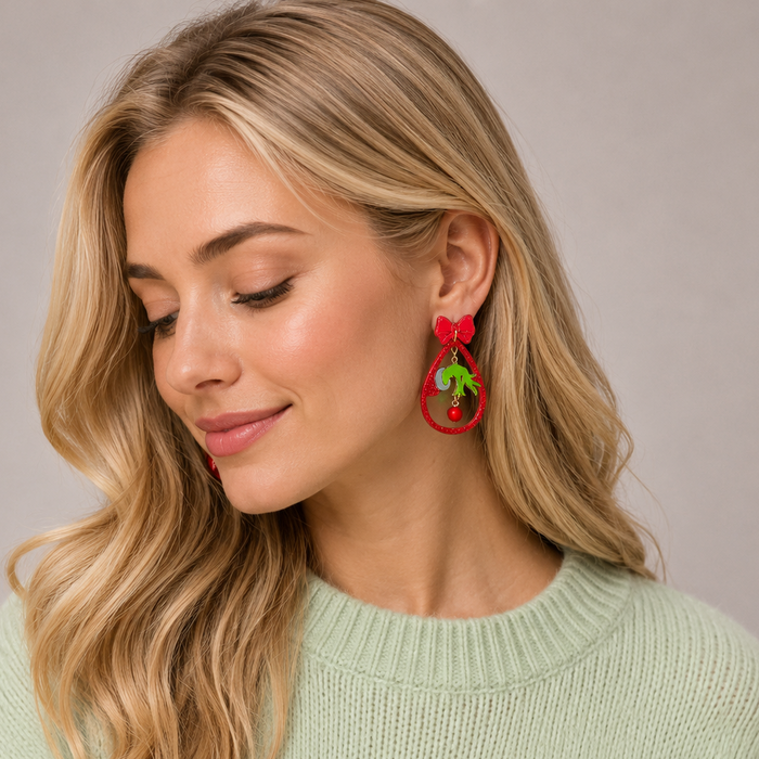 Green Monster Hand Dangle Earrings | Christmas Bow Acetate Earrings