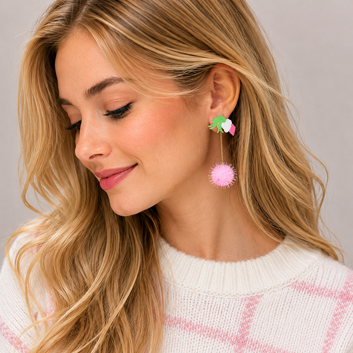 Green Monster Pom Pom Drop Earrings | Whimsical Acrylic Earrings