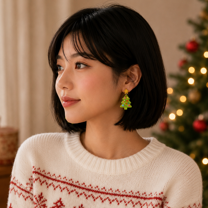Glittery Christmas Tree Drop Earrings | Holiday Acrylic Earrings