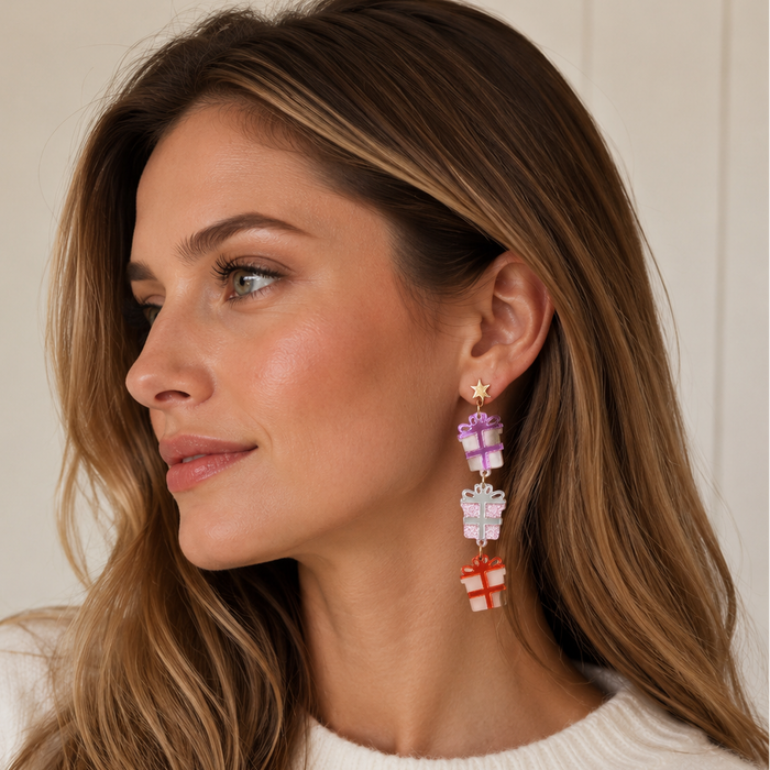 Glitter Gift Box Dangle Earrings | Christmas Present Earrings