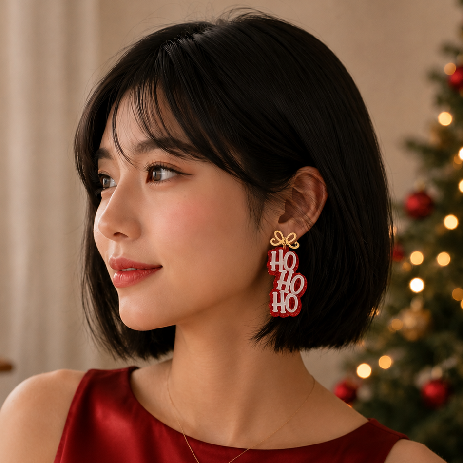 Ho Ho Ho Dangle Acetate Earrings | Glitter Holiday Earrings