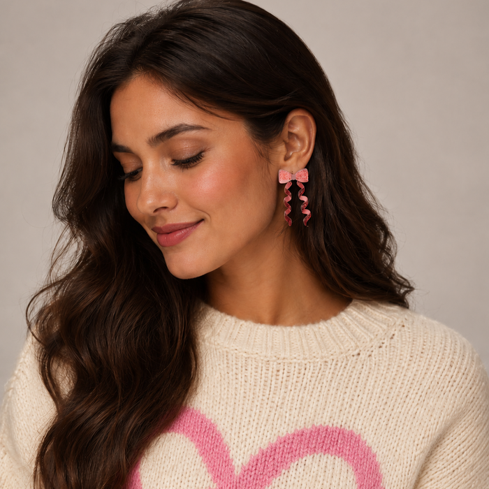 Glitter Bow Ribbon Dangle Earrings | Christmas Earrings