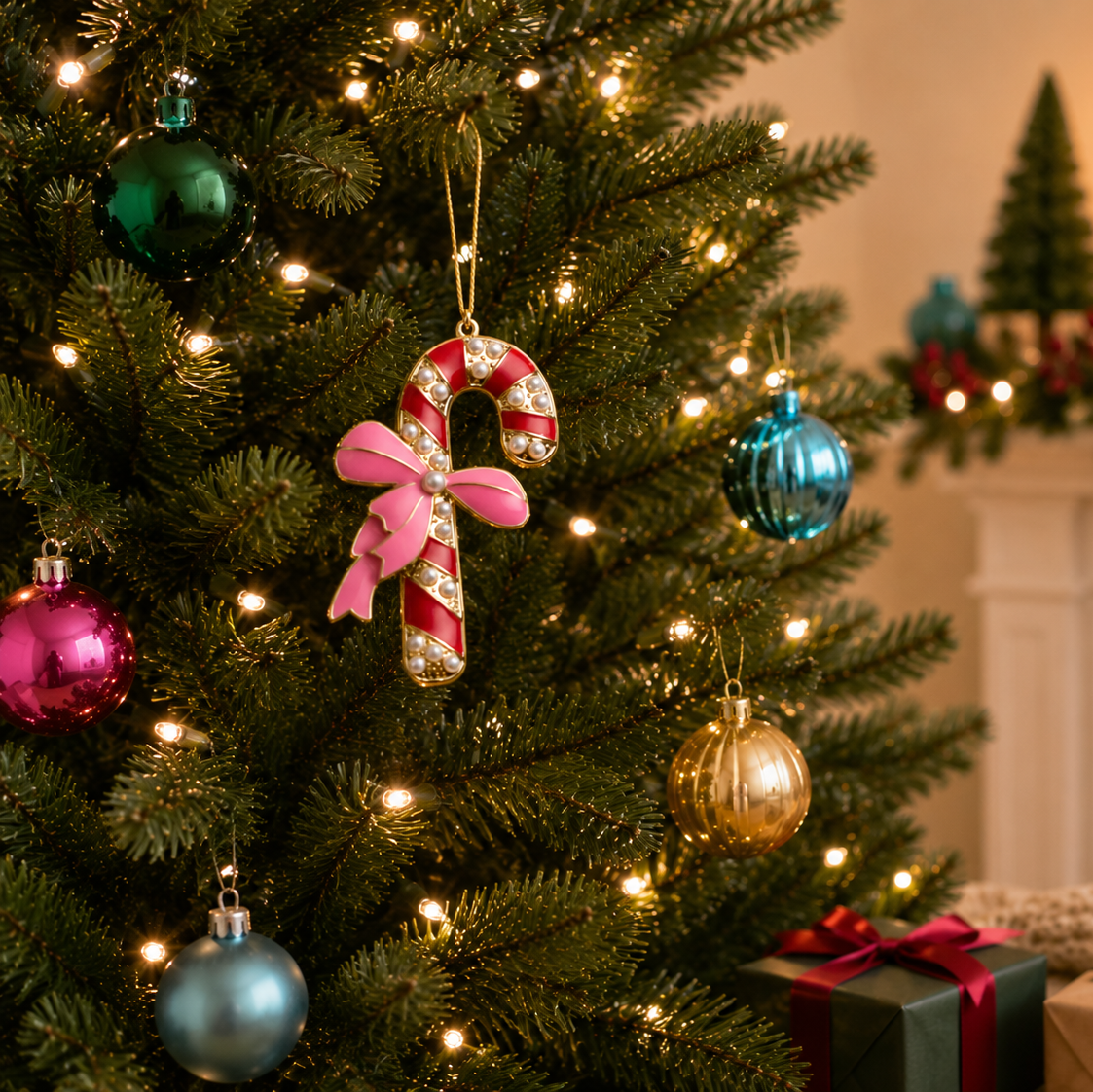 Pearl Candy Cane Christmas Tree Ornament | Pink Bow Holiday Decor