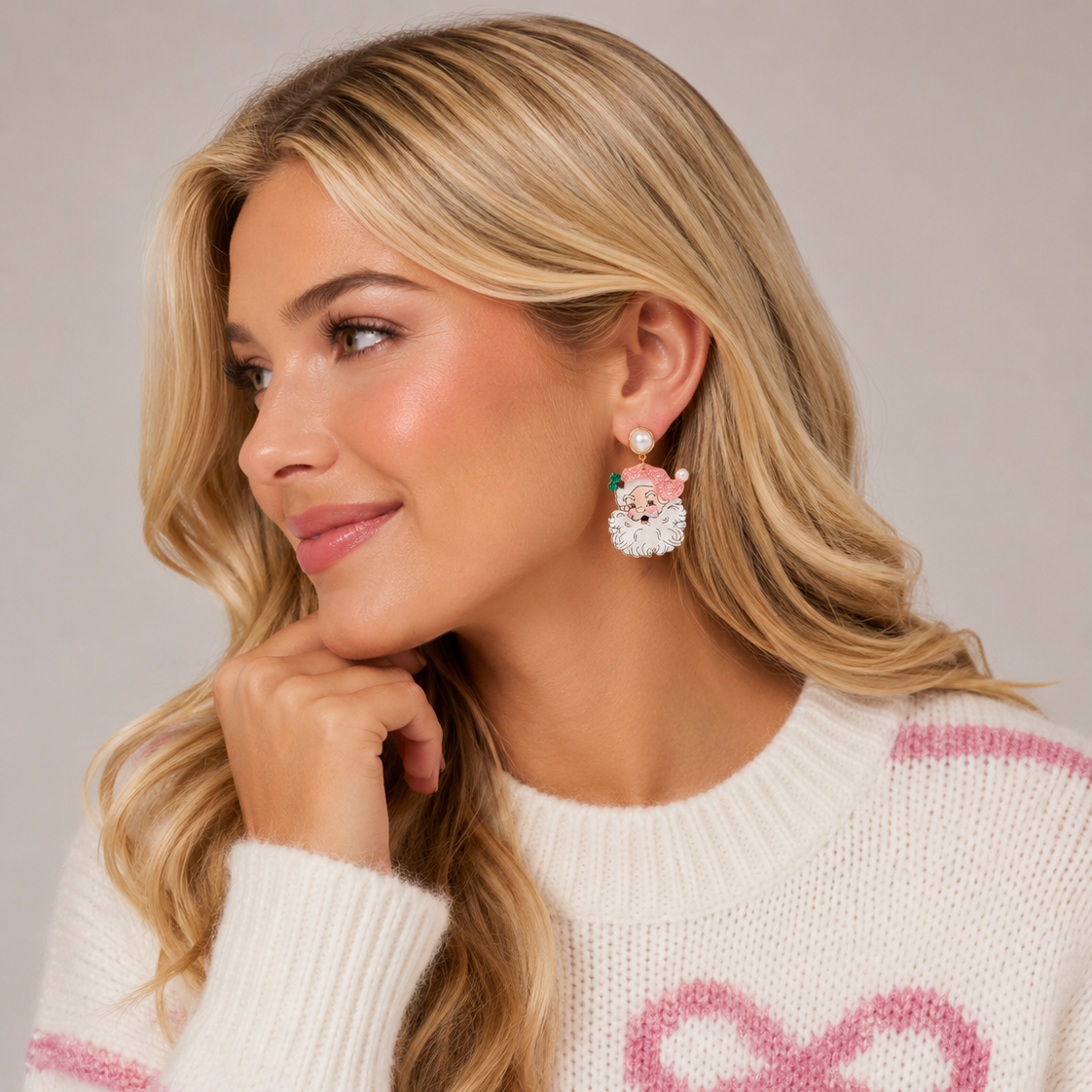 Pearl Pink Santa Face Drop Earrings | Acrylic Christmas Dangles