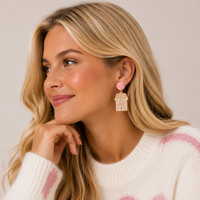Pink Bead Gingerbread House Earrings | Acrylic Christmas Dangles