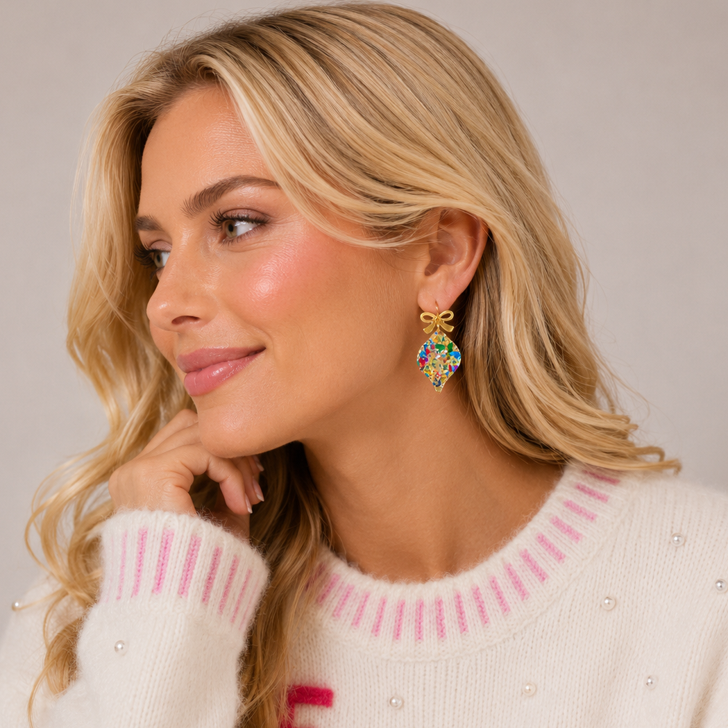 Confetti Christmas Ornament Earrings | Gold Acrylic Bow Dangles