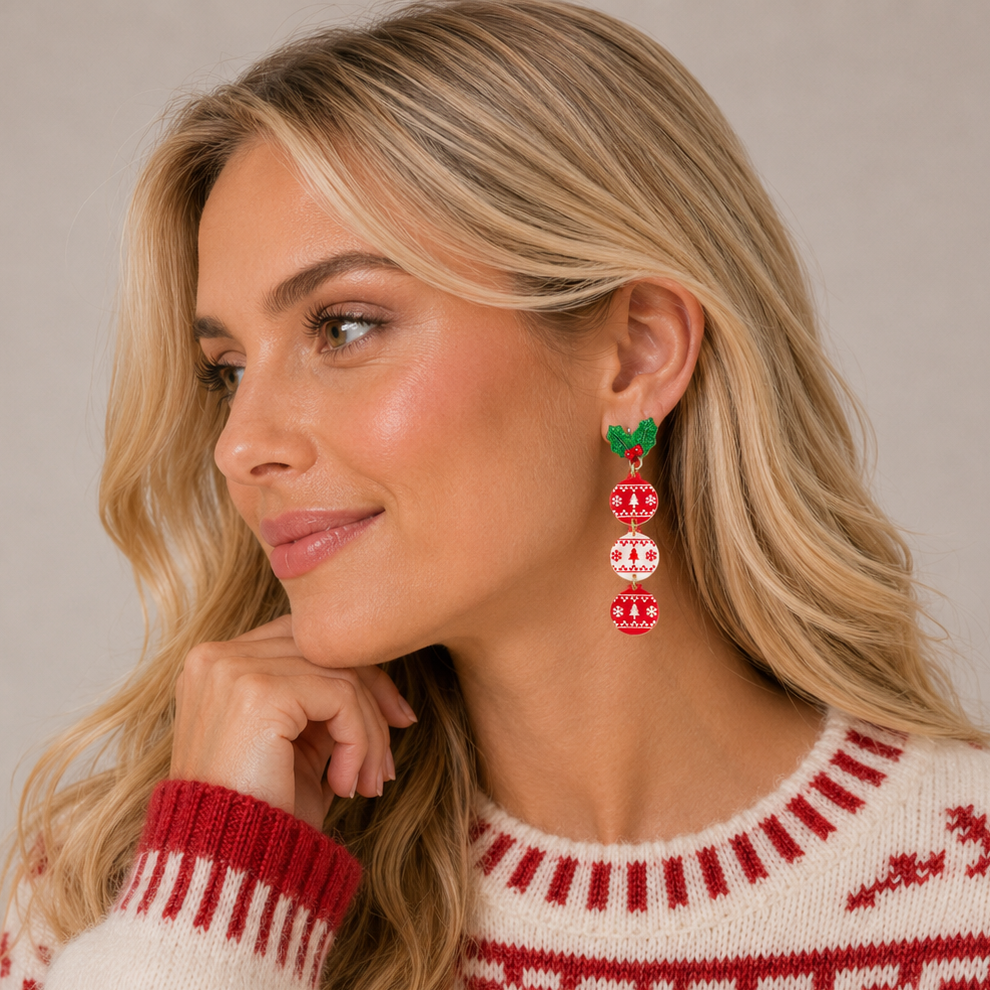 Holly Christmas Ornament Trio Earrings | Holiday Dangle Drops