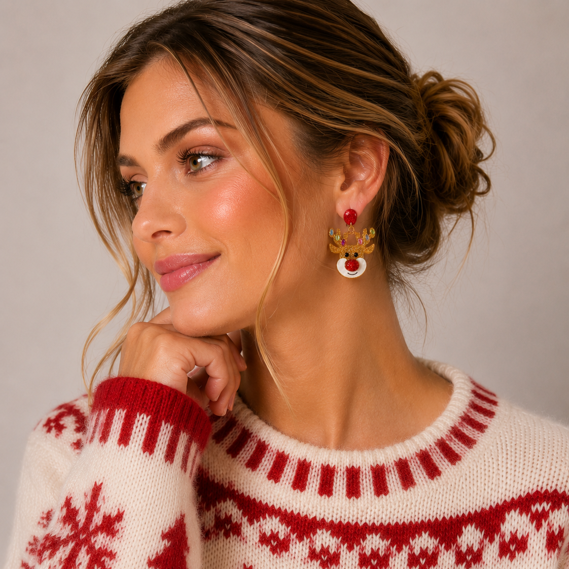 Glitter Rudolph Reindeer Earrings | Rhinestone Christmas Dangles
