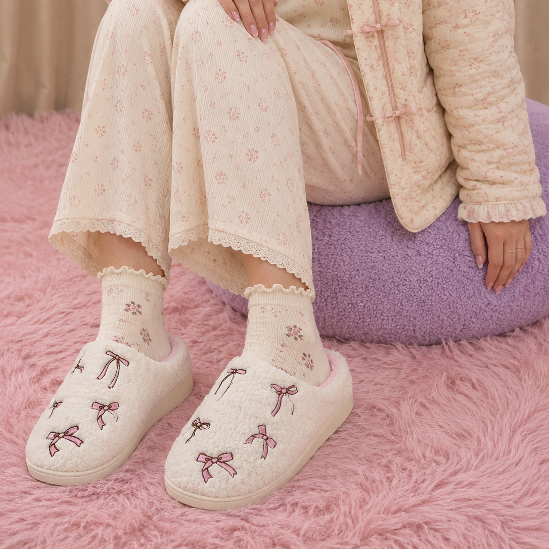 Sherpa Ribbon Bow Slippers | Cozy Coquette House Shoes