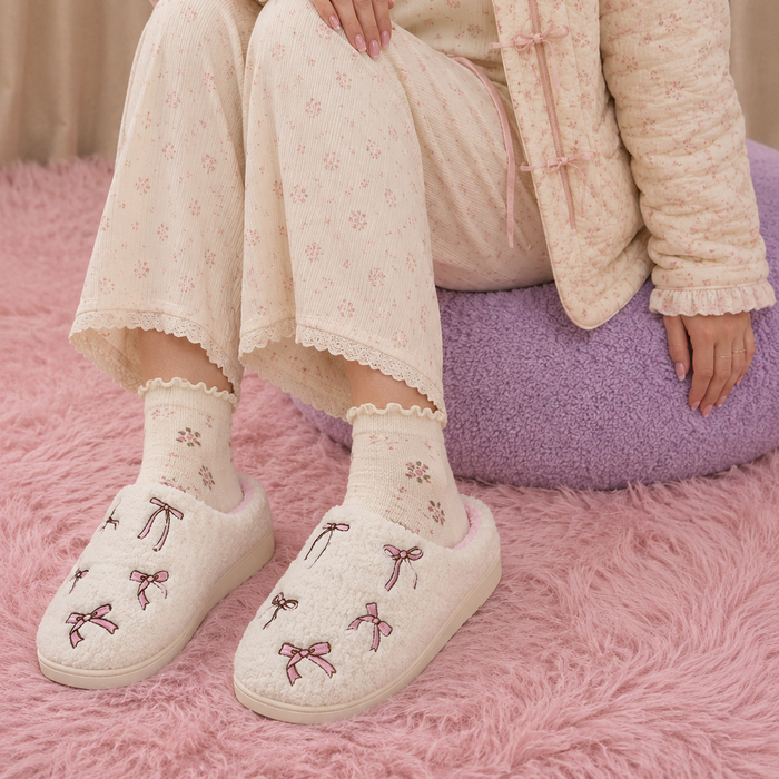 Sherpa Ribbon Bow Slippers | Cozy Coquette House Shoes