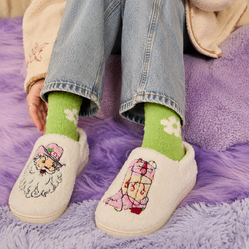 Sherpa Pink Cowgirl Santa Slippers | Cozy Holiday House Shoes