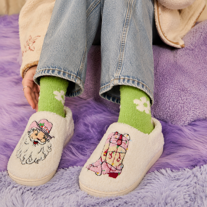Sherpa Pink Cowgirl Santa Slippers | Cozy Holiday House Shoes