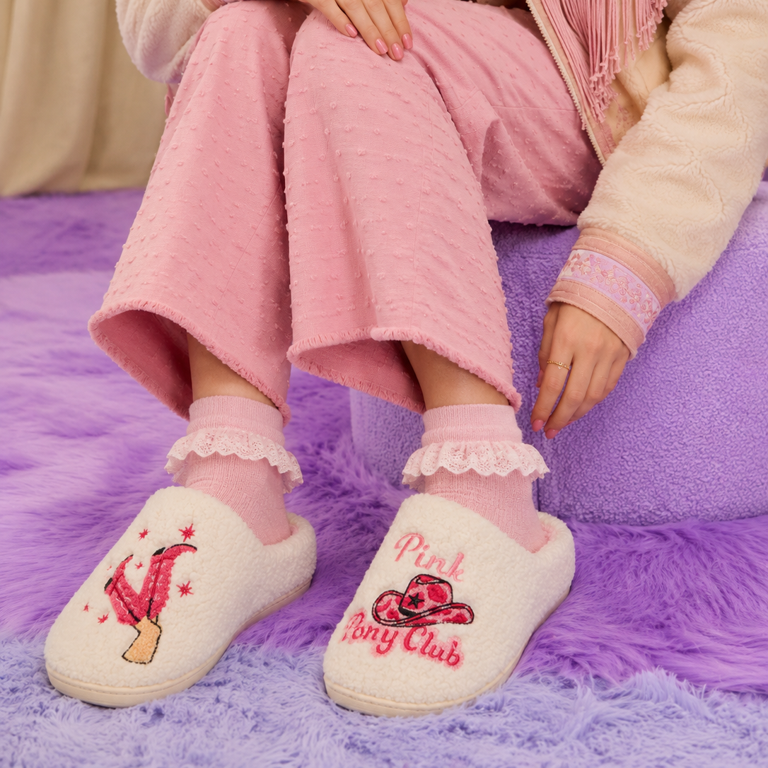 Sherpa Pink Pony Club Slippers | Cozy Western Holiday Slippers
