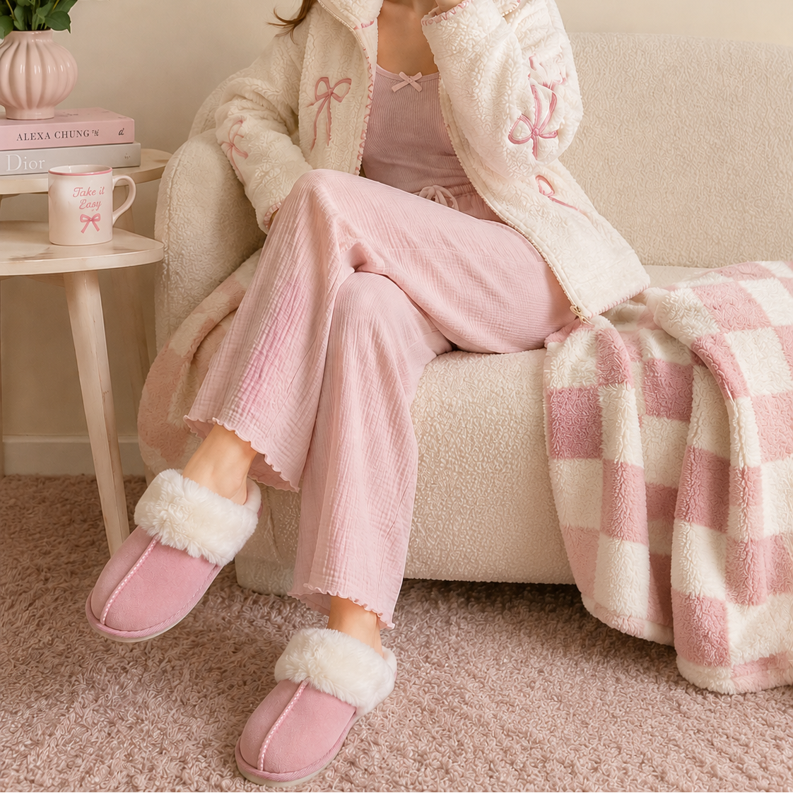 Faux Suede Fur Trim Slippers | Cozy Indoor House Shoes