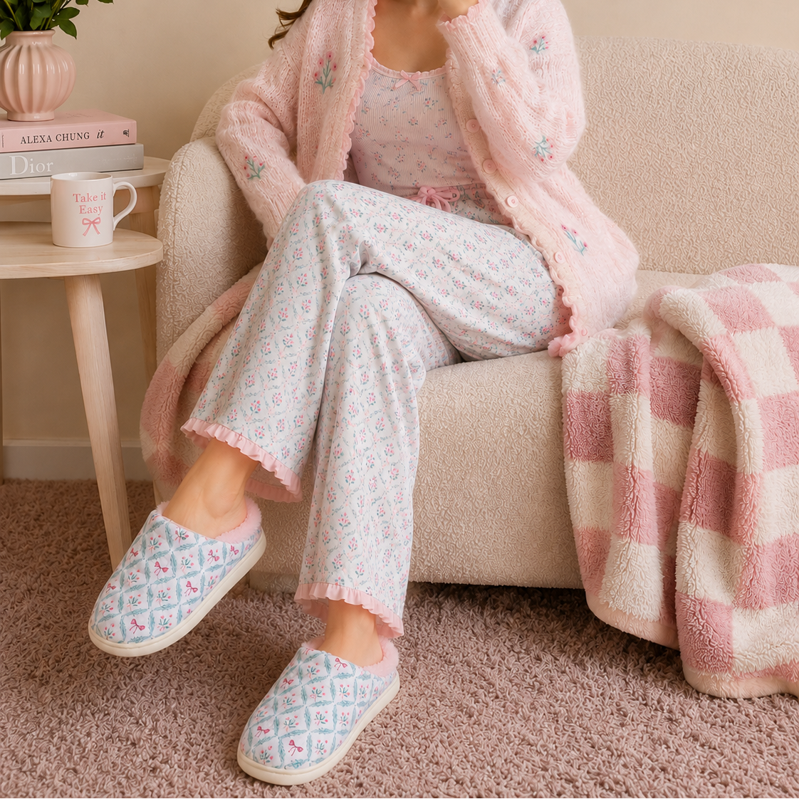 Floral Bow Print Puffer Slippers | Cozy Quilted House Shoes