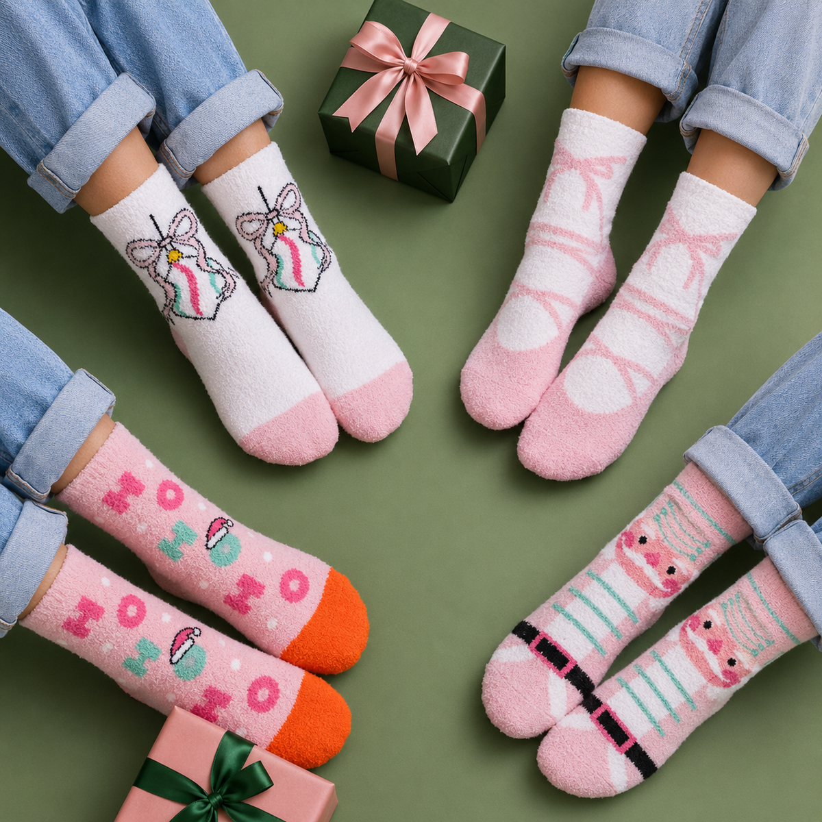 4-in-1 Ho Ho Ho Pink Ribbons Cozy Socks Gift Bundle | Special Christmas Gift Set