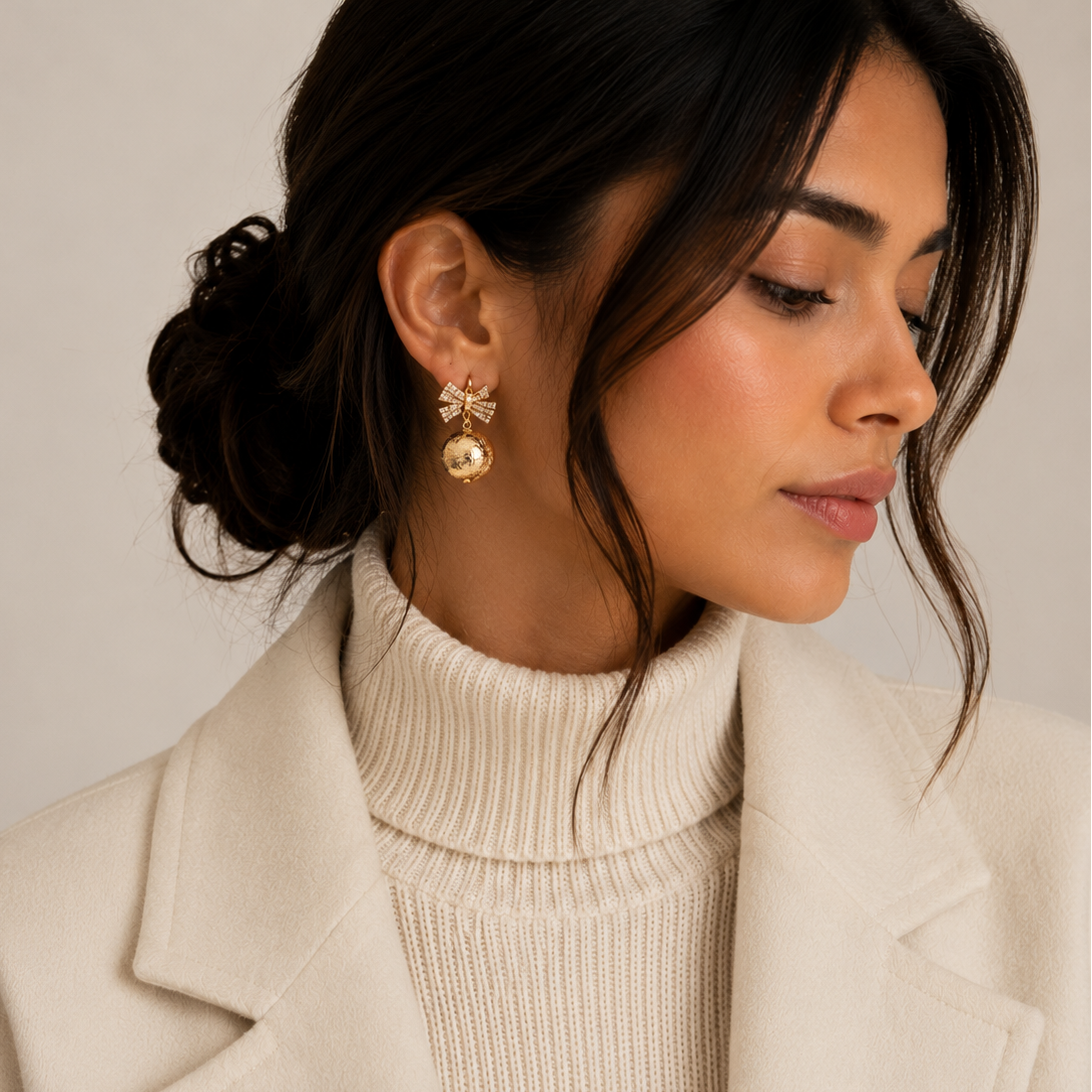 Christmas Ribbon Ball Drop Earrings | Holiday Christmas Jewelry