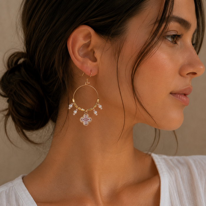 Boho Floral Pearl Hoop Earrings | Porcelain-Inspired Jewelry
