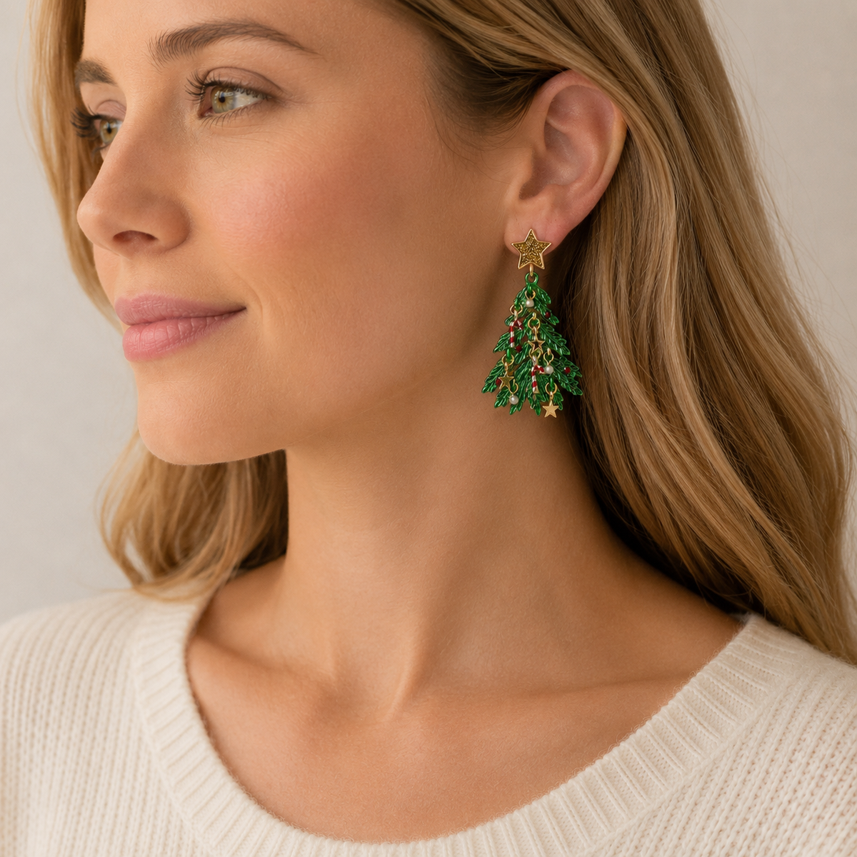 Christmas Tree Charm Dangle Earrings | Faux Pearl Holiday Earrings