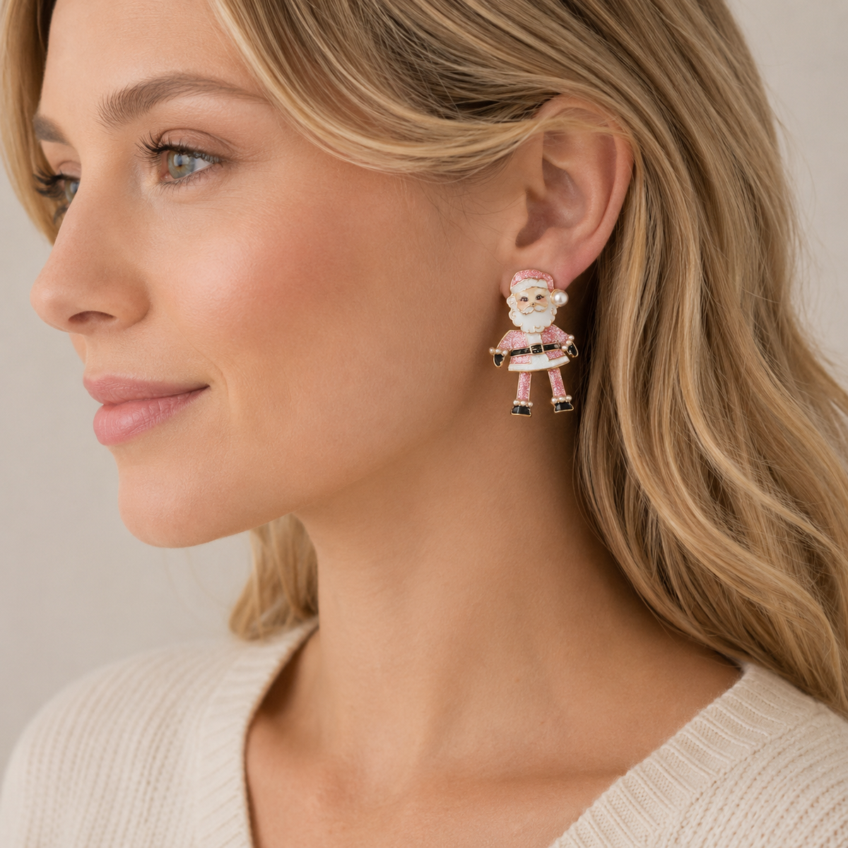Retro Santa Dangle Earrings | Enamel Faux Pearl Holiday Earrings