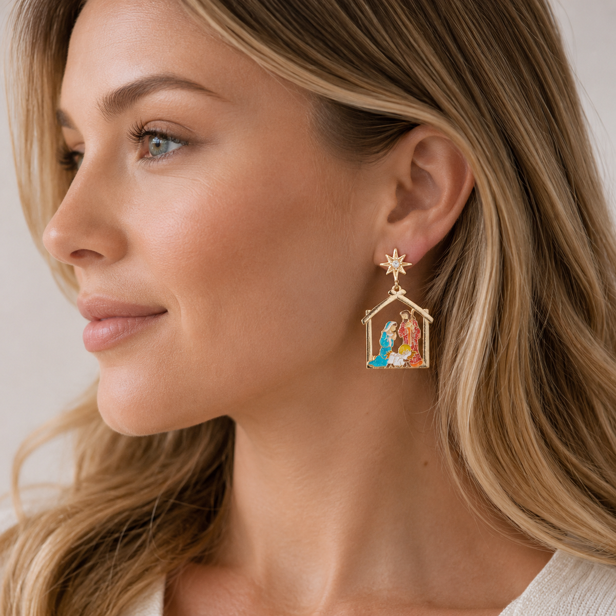 Nativity Scene Enamel Earrings with Titanium Posts