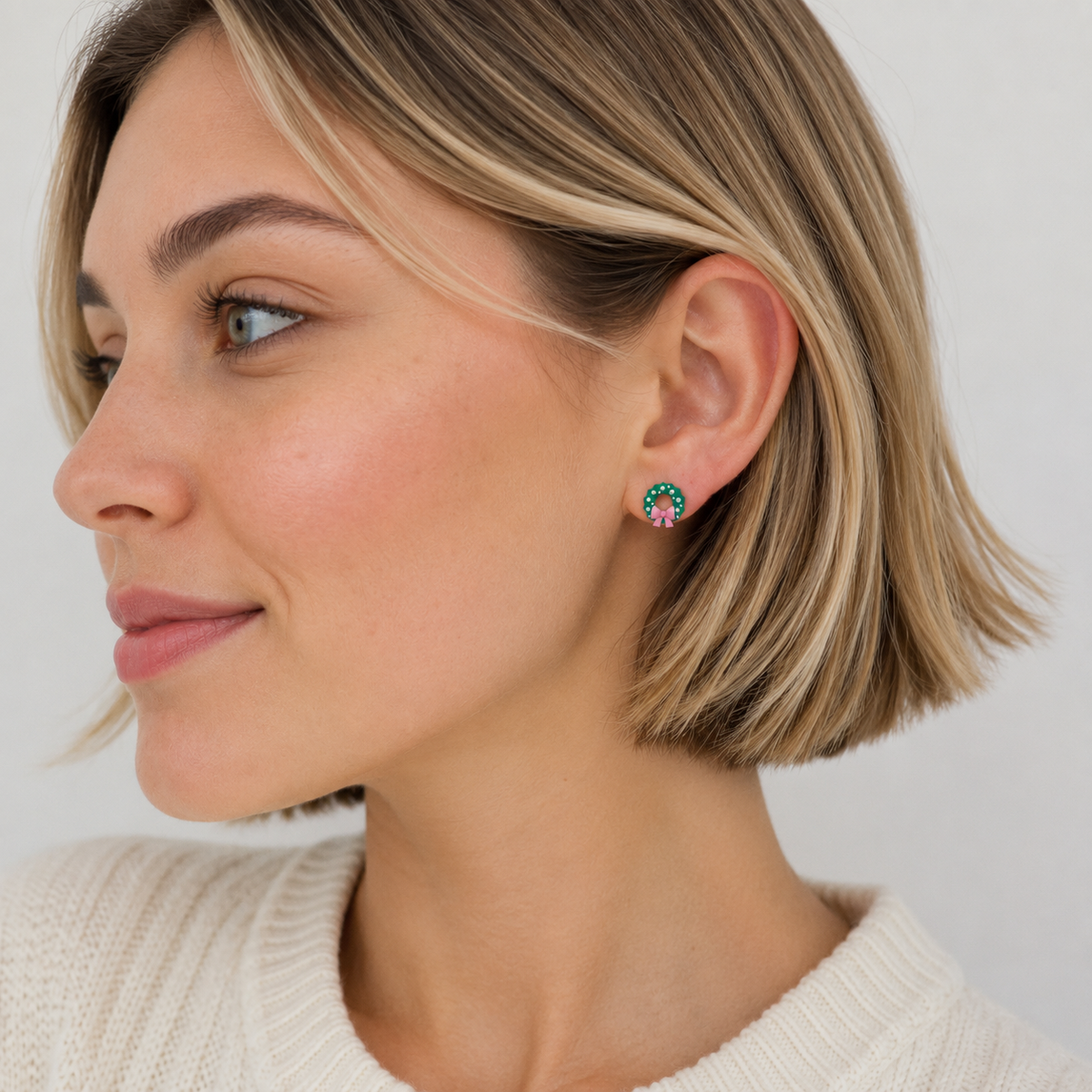 Pearl Christmas Wreath Stud Earrings | Bow Holiday Earrings