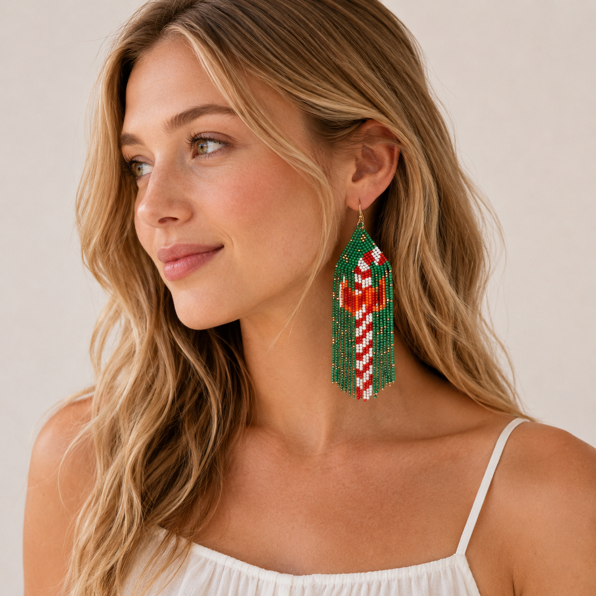 Seed Beaded Candy Cane Earrings | Holiday Tassel Statement Earrings