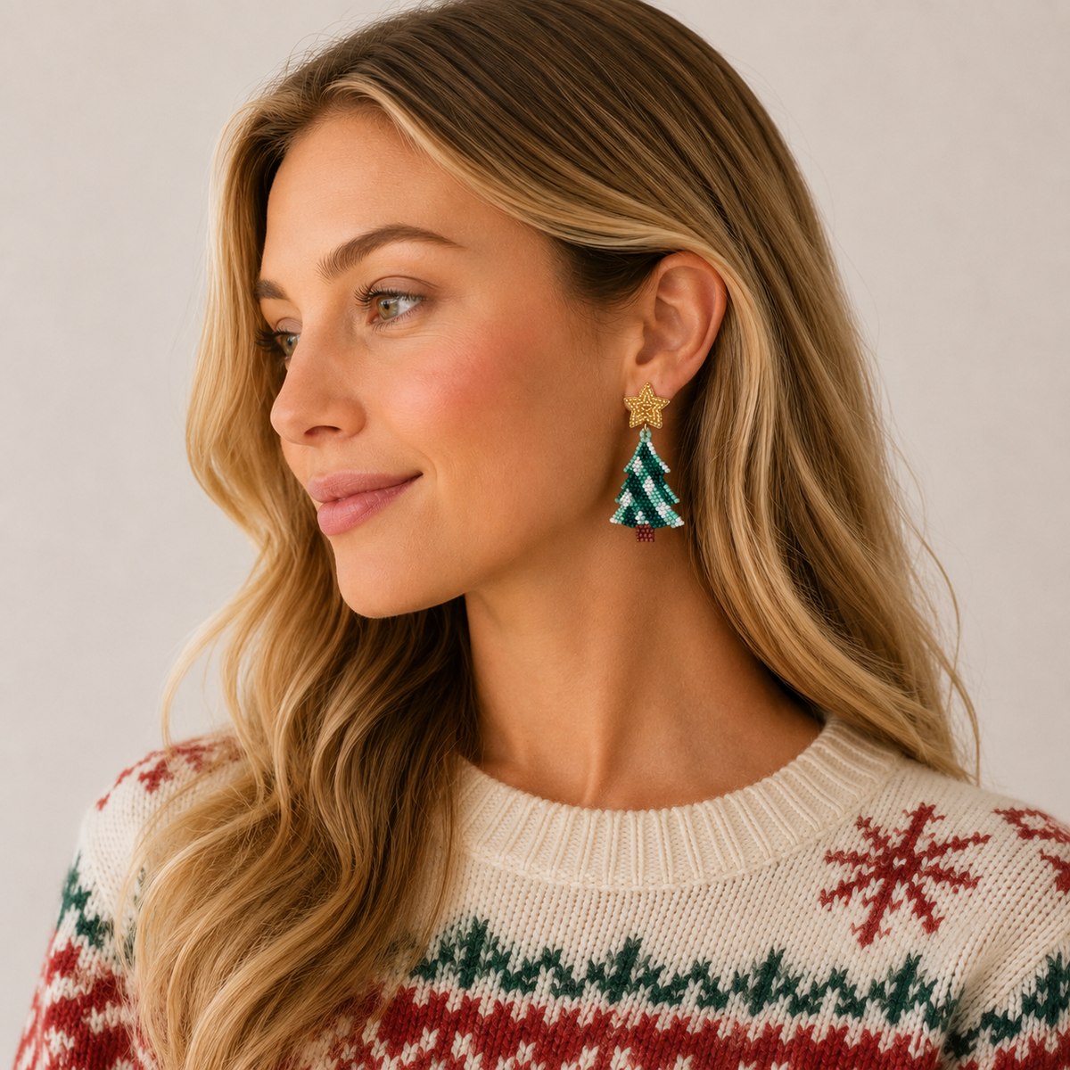 Seed Beaded Plaid Christmas Tree Earrings | Star Holiday Earrings